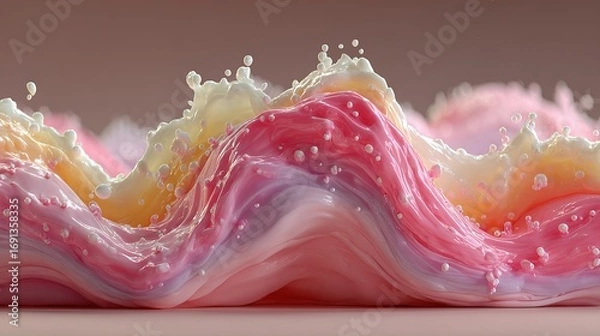 Fototapeta Abstract wave-like form with pastel colors and small droplets against a neutral background.