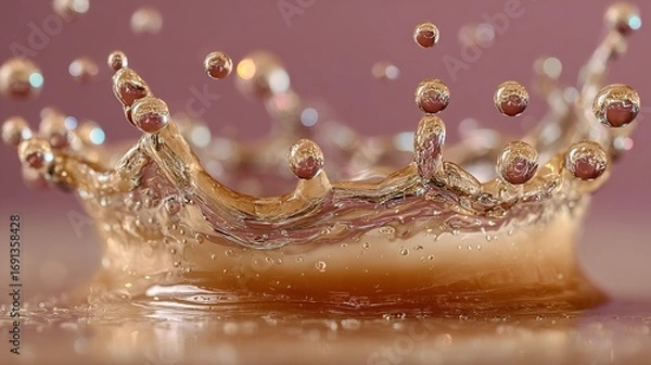Fototapeta Liquid splash forms a crown shape with droplets against a blurred background.