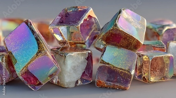 Fototapeta Iridescent cube shaped beads in a pile reflecting rainbow colors close-up.