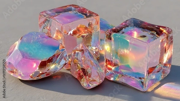 Fototapeta Three iridescent translucent cubes connected on a neutral surface with soft lighting.