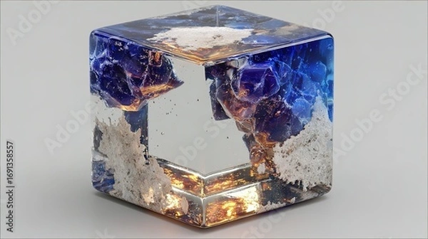 Fototapeta Cube shaped object with blue and silver inclusions transparent resin background.
