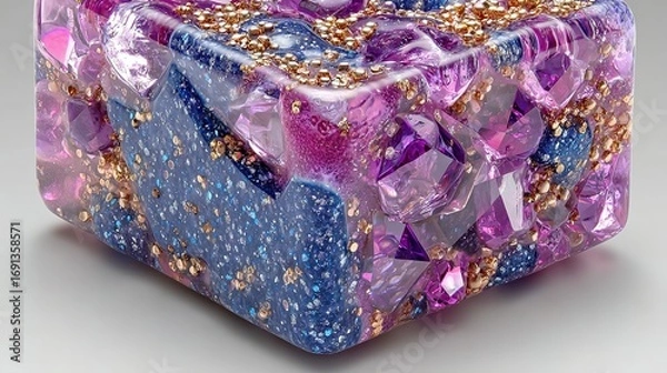 Fototapeta Close-up of a cube made of resin with purple blue and gold inclusions.
