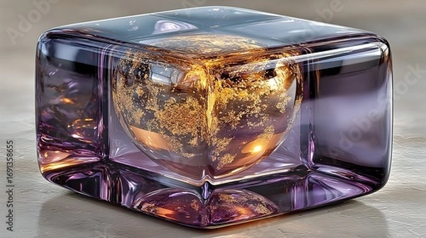 Fototapeta Sphere inside a translucent cube with purple and gold tones on a surface.
