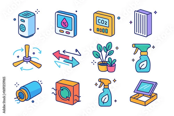Fototapeta Eco-Friendly Indoor Icons. Colorful isometric vector icons set of indoor air quality in net-zero buildings: air purifier, humidity