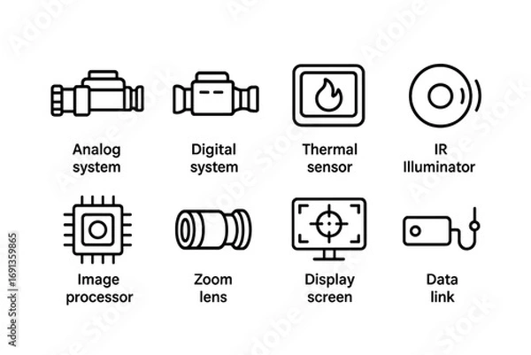 Fototapeta Night Vision Icons. Outline icon set of night vision technology: analog system, digital system, thermal sensor, IR illumination,
