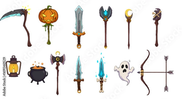 Obraz Collection of various fantasy weapons and magical items, including swords, staffs, and a lantern.