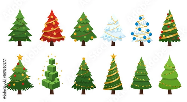 Obraz A diverse collection of twelve stylized Christmas trees, showcasing different decorations and designs for the holiday season.