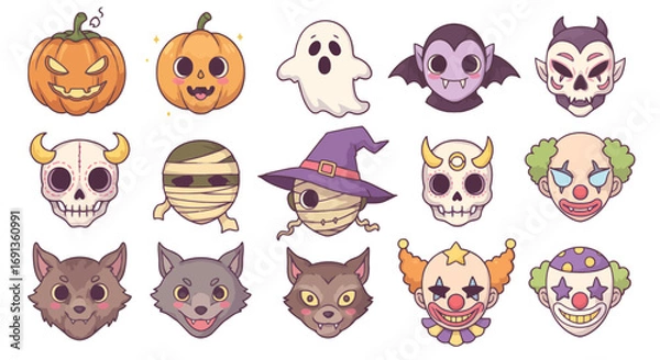 Obraz A collection of cute and spooky Halloween-themed cartoon characters including pumpkins, ghosts, vampires, skulls, mummies, witches, werewolves, and clowns.