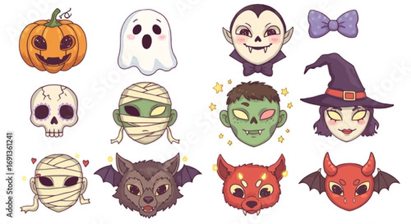 Obraz Cute cartoon Halloween characters set featuring pumpkin, ghost, vampire, skull, mummies, zombie, witch, werewolf, and devil.