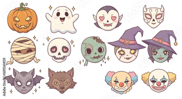 Obraz A charming collection of cute, kawaii-style Halloween character faces, including a pumpkin, ghost, vampire, witch, mummy, and clown.