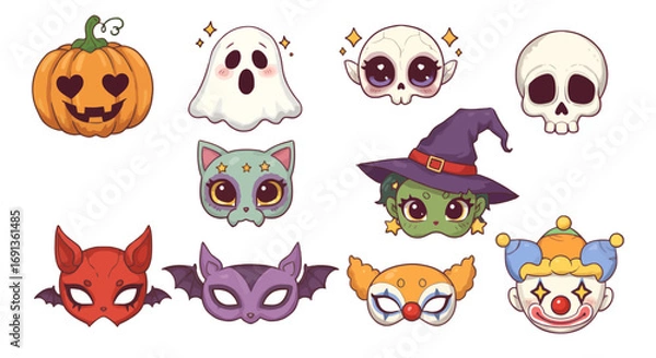 Obraz Collection of Halloween-themed cartoon illustrations featuring pumpkins, ghosts, skulls, masks, and other festive elements.