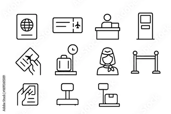 Fototapeta Check-In Process Icons. Outline icon set of check-in process: passport control, boarding pass, check-in