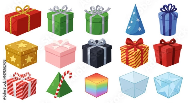 Obraz Collection of colorful gifts, party hat, and geometric shapes.
