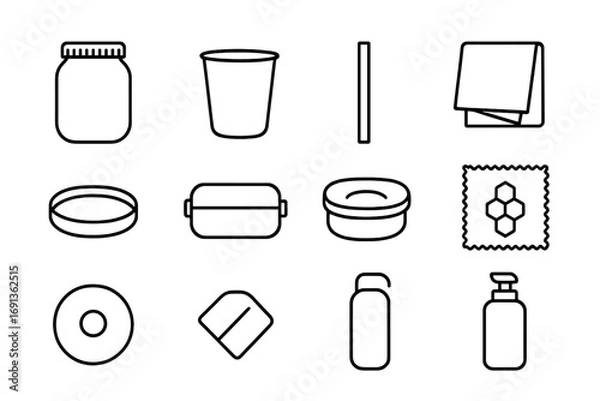 Fototapeta Reusable Kitchenware Icons. Outline icon set of reusable kitchenware: mason jar, stainless cup, bamboo straw,