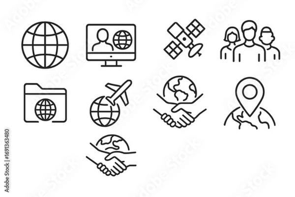 Obraz Global Collaboration Icons. Outline icon set of global academic collaborations: globe, video call, satellite,