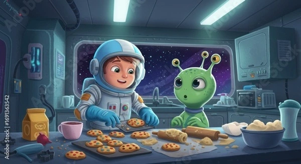 Fototapeta A joyful astronaut cartoon child and their curious alien friend collaborate on a delightful cookie baking project aboard a futuristic spaceship, sharing intergalactic kitchen fun