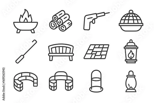 Fototapeta Fire Pit Installation Icons. Outline icon set of Installing an outdoor fire pit: fire pit bowl, firewood stack