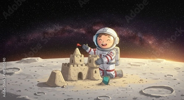 Fototapeta Astronaut Building Sandcastle on the Moon A Child's Space Adventure