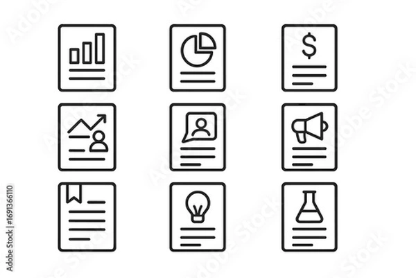 Fototapeta Market Report Icons. Outline icon set of Market reports and documentation: annual report, quarterly report,
