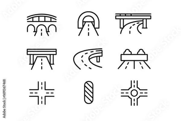 Fototapeta Road Infrastructure Icons. Outline icon set of Road infrastructure elements: bridge, tunnel, overpass,