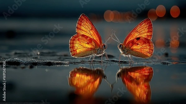 Fototapeta Two orange butterflies facing each other reflected on a dark smooth surface.