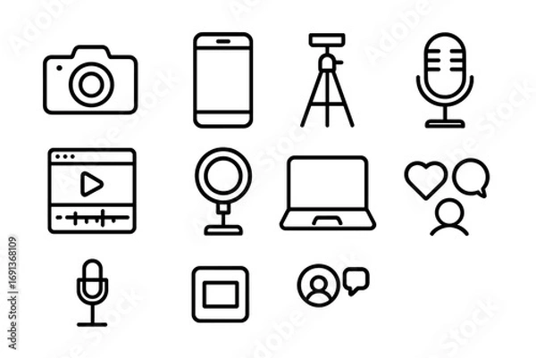 Fototapeta Digital Creator Icons. Outline icon set of Digital content creators: camera, smartphone, tripod, microphone,