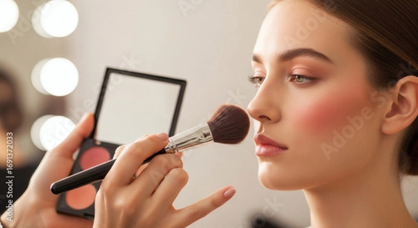 Fototapeta Professional makeup artist applying blush to beautiful woman's cheek using a soft brush for a flawless look