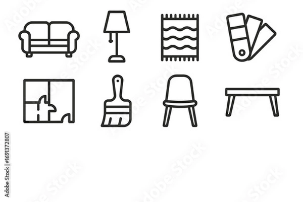 Fototapeta Interior Design Icons. Outline icon set of Interior design planning: sofa, lamp, rug, color palette, floor