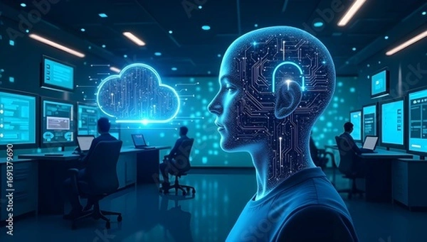 Fototapeta Human Brain with Artificial Intelligence and Cloud Cybersecurity in Data Center