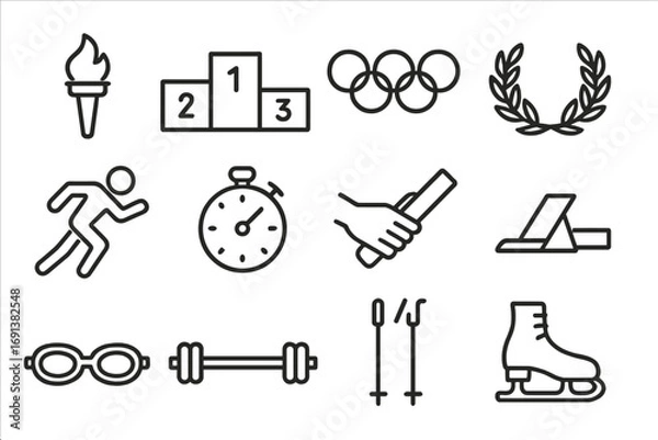 Fototapeta Olympic Icons Grid. Outline icon set of Olympic achievements: Olympic torch, medal podium, five rings symbol, laurel crown,