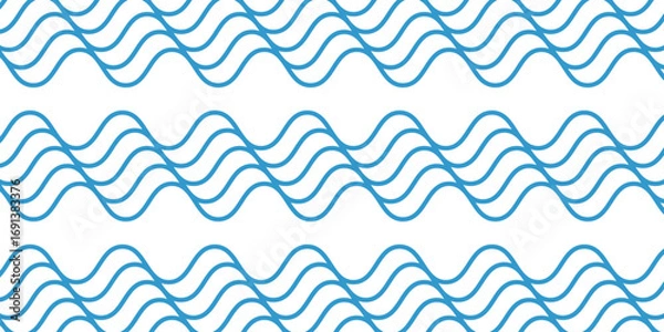 Fototapeta Waves print. Repeated blue curvy lines on white background. Ocean, sea, lake or river pattern. Water texture. Maritime ornament. Summer wallpaper. Swimming pool iquid. Vector flat illustration.