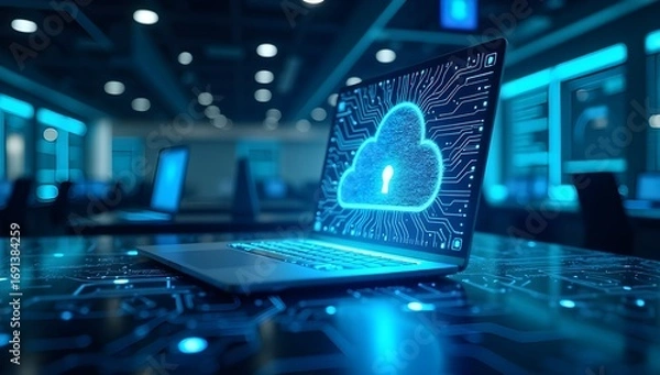 Fototapeta Secure Cloud Computing with Laptop and Data Protection