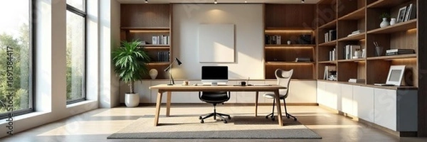 Fototapeta Sleek, modern custom office design featuring built-in shelving, a large desk, and natural light Perfect for a productive and stylish workspace , contemporary office, white walls, large desk
