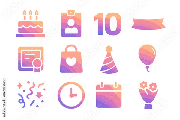 Fototapeta Service Anniversary Icons. Gradient icons set of service anniversary awards: birthday cake with candles, employee badge, years