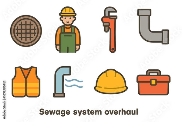 Fototapeta Sewage System Icons. Flat vector mini-illustrations Sewage system overhaul in colors children's illustrations: manhole cover,