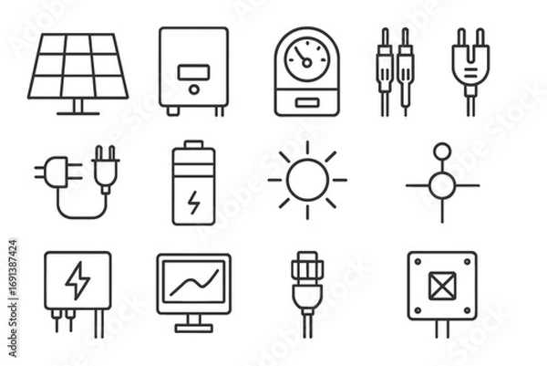 Fototapeta Solar Panel Icon Set. Outline icon set of solar panel integration: solar panel array, inverter box, smart meter, DC cable, AC