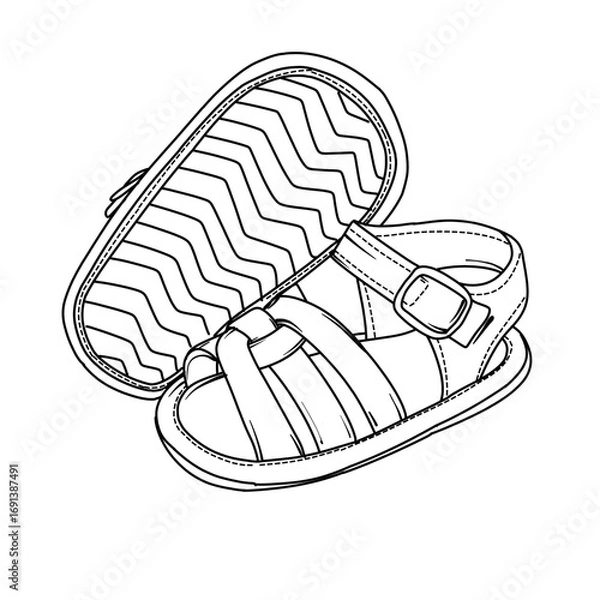 Fototapeta A simple line art illustration of a single baby sandal with a buckle and straps, shown next to its sole with a wavy pattern.