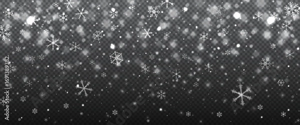 Fototapeta Realistic vector illustration of falling snowflakes with bokeh light effect on transparent background. Winter holiday and Christmas overlay for decoration, texture, poster, cover, or festive