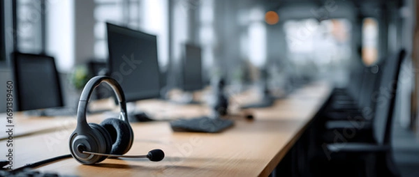 Fototapeta Headset sits on desk in empty call center office, representing quiet time and the absence of activity in the workplace, creating a somber mood.