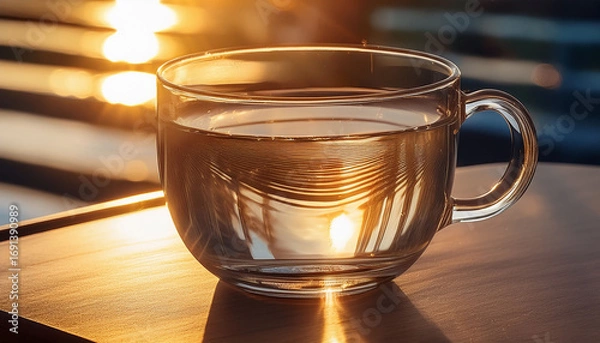 Fototapeta Sunlight Glistening On Surface Of Clear Glass Cup Creating Beautiful Reflections And Highlights