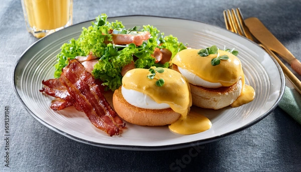 Fototapeta Eggs Benedict With Bacon And Salad Gourmet Breakfast