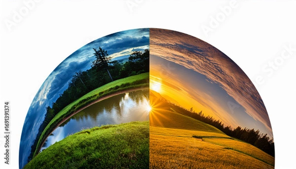 Fototapeta Landscape Split Showing Daytime And Nighttime Scene In A Circle