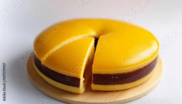 Fototapeta Yellow Round Cake With Soft Texture And Dark Red Bean Paste Filling One Whole And One Cut In Half Showing Smooth Center