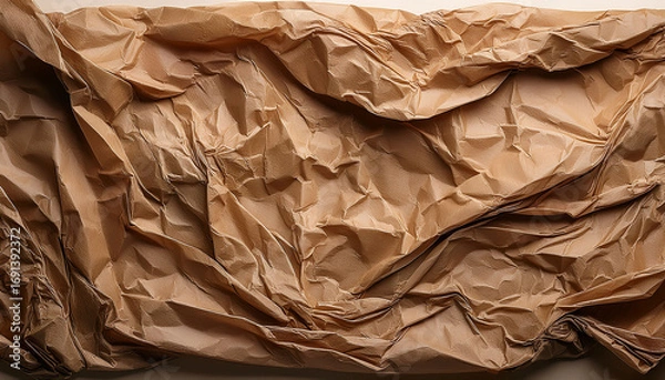 Fototapeta Crumpled Brown Wrapping Paper Displaying Intricate Wrinkles Creating Textured Abstract Surface Highlighting Random Folds And Natural Paper Characteristics