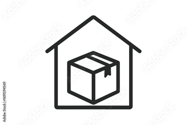 Obraz Home delivery service icon. Warehouse, storage unit concept. Package in house outline symbol for logistics, shipping, e-commerce, real estate. Minimalist vector illustration.