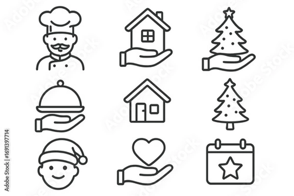 Fototapeta Charity and donation line icon set. Home care, food delivery, holiday help concepts. Chef, house, christmas tree, heart on hand outline pictograms for web, apps, ui, ux.