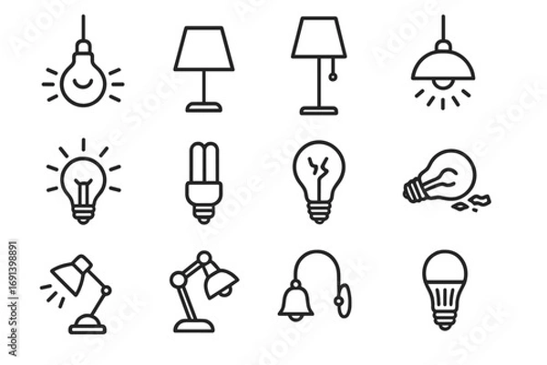 Fototapeta Light bulb and lamp line icon set. Thin outline vector icons for graphic design, web, and apps. Includes desk lamp, LED, CFL, broken bulb, idea symbol, and hanging lights.