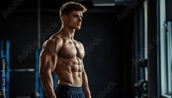 Fototapeta Attractive Athletic Man Getting Ready For Workout. Visual, Black Background. Portrait Of A Strong And Fit Male Preparing For Exercise.