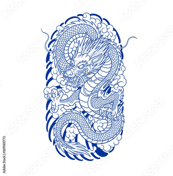 Obraz Majestic blue dragon coiled amidst swirling clouds and waves