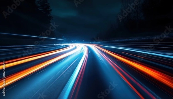 Fototapeta Futuristic Motion Technology: Dynamic Flash Effects And Long Exposure Night Lights On City Roads With Racing Cars And Led Glare Tape. Energy And Power.